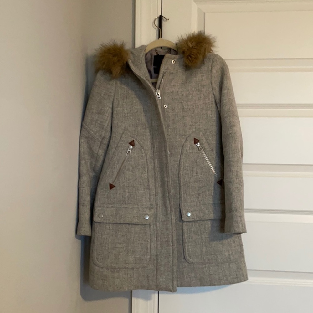 J. Crew Heather Gray Puffer Jacket with Brown Faux Fur